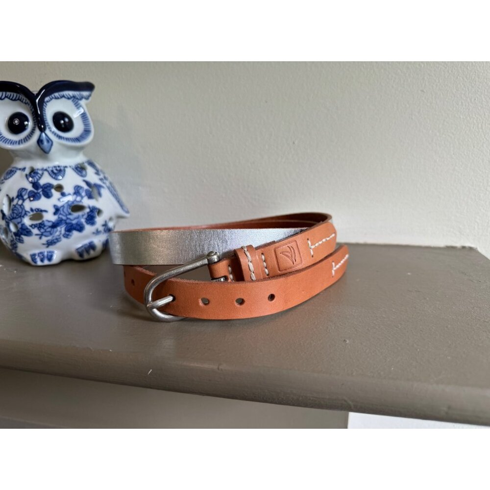 Sperry Leather Belt Silver Metallic & Brown Thin Womens Medium Preppy Twee - Picture 5 of 9
